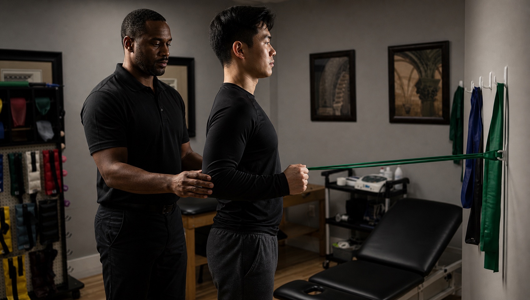 Patient performing shoulder external rotation with a resistance band anchored to the wall