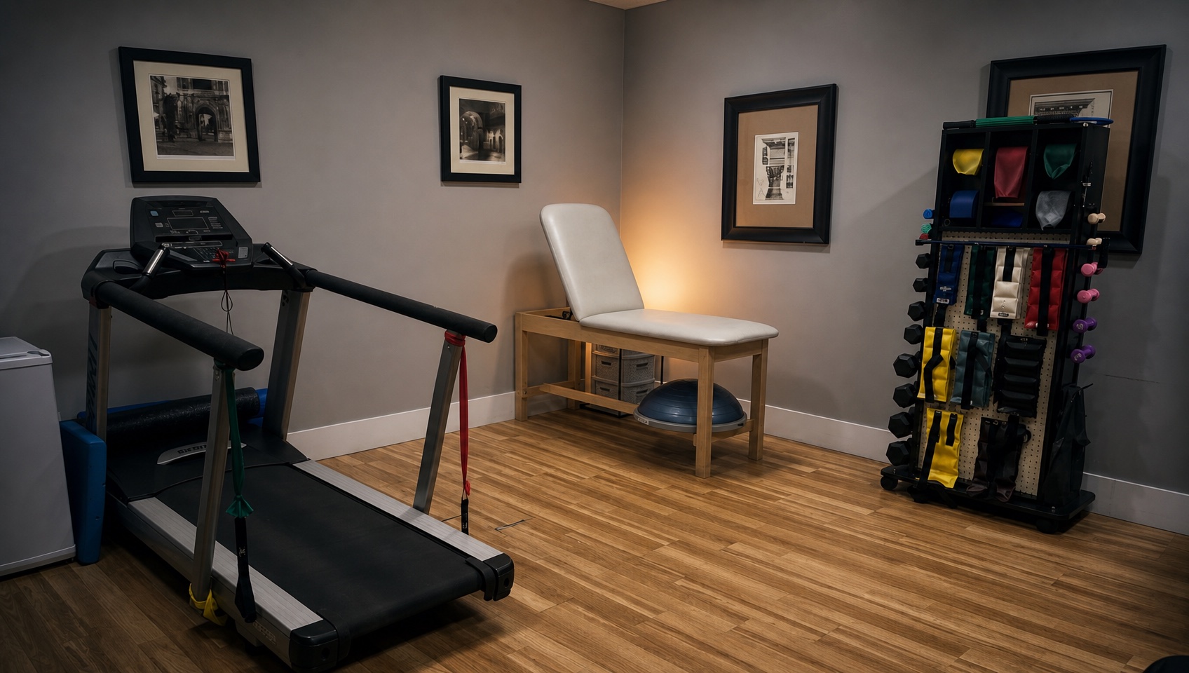 Rehab gym corner with treadmill, treatment table, BOSU trainer and equipment rack