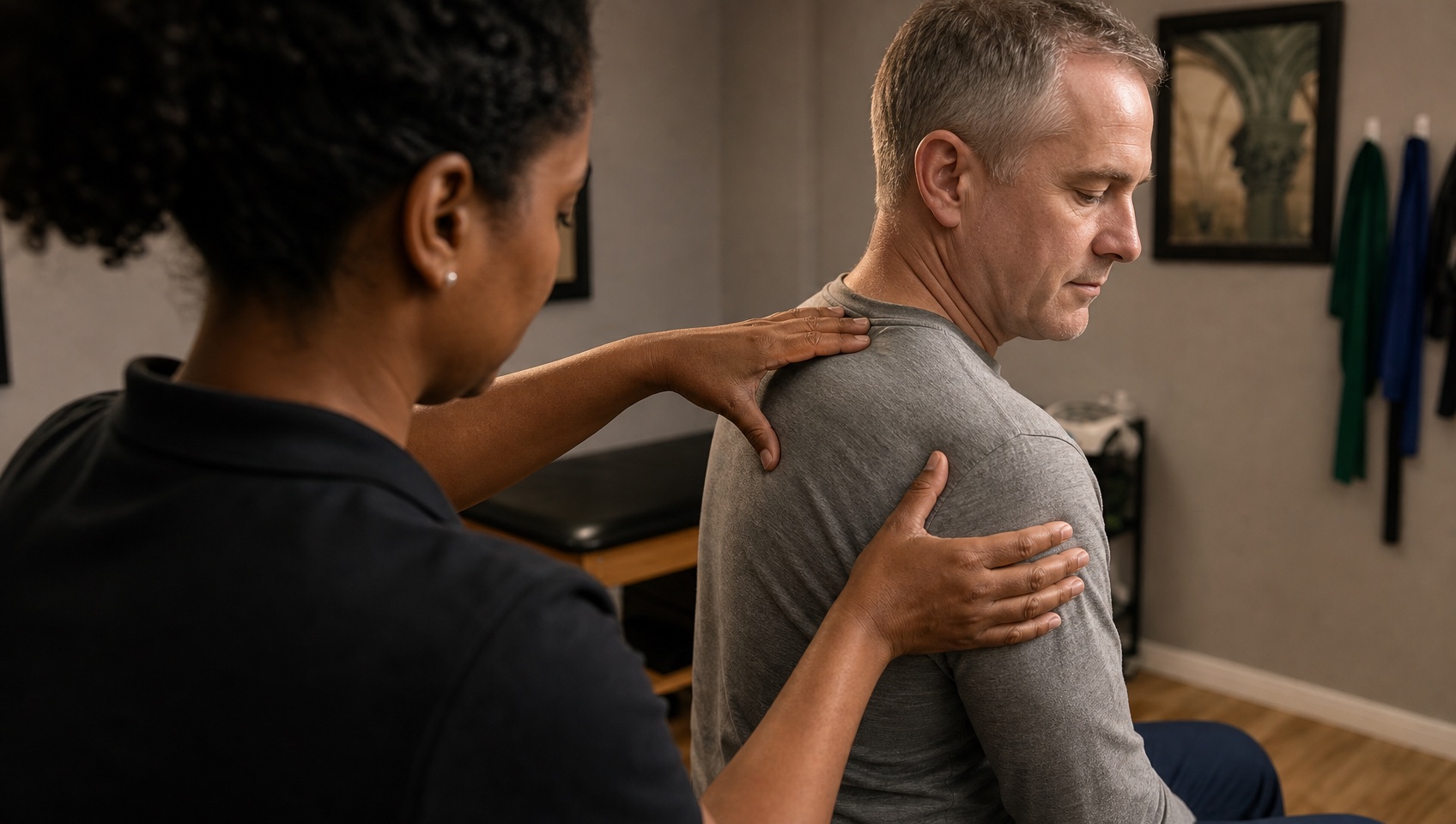 Therapist performing hands-on shoulder treatment on a seated patient